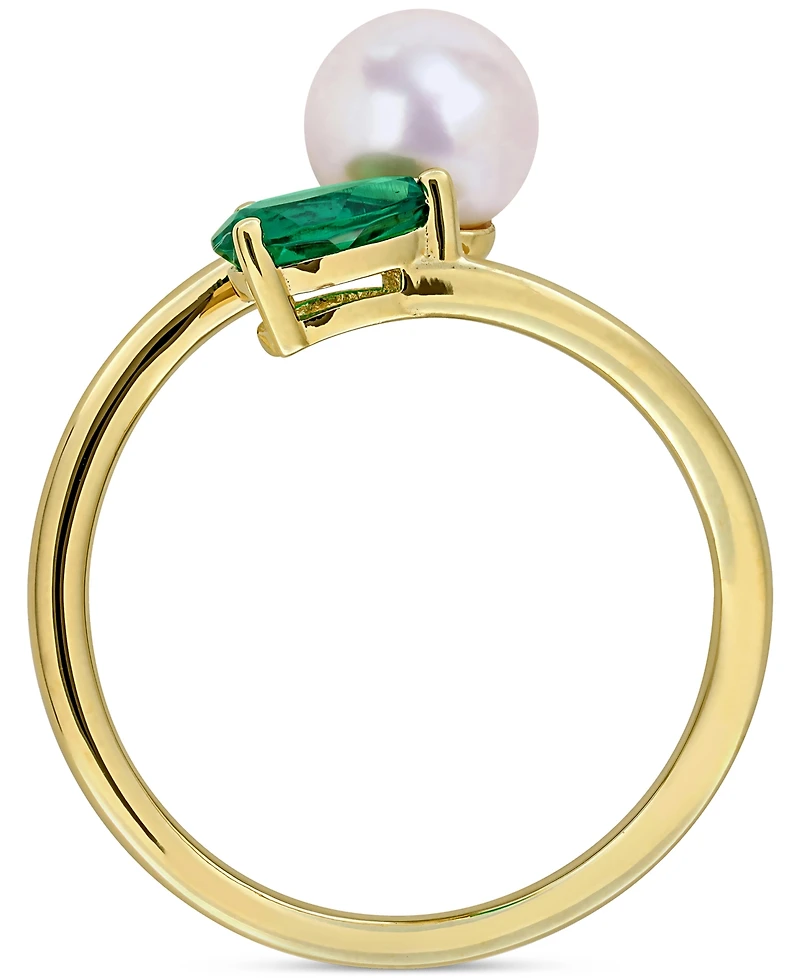 Cultured Freshwater Pearl & Lab-Created Emerald Ring (3/8 ct. t.w.) 18k Gold-Plated Sterling Silver