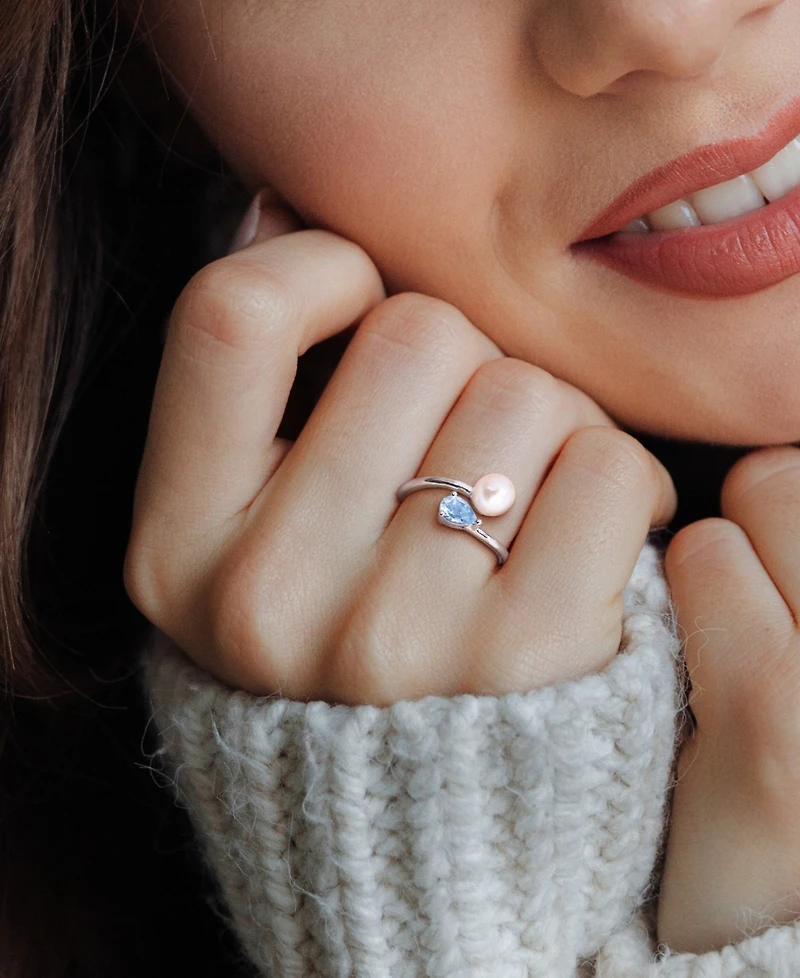 Cultured Freshwater Pearl (6mm) & Blue Topaz (3/8 ct. t.w.) Bypass Ring Sterling Silver