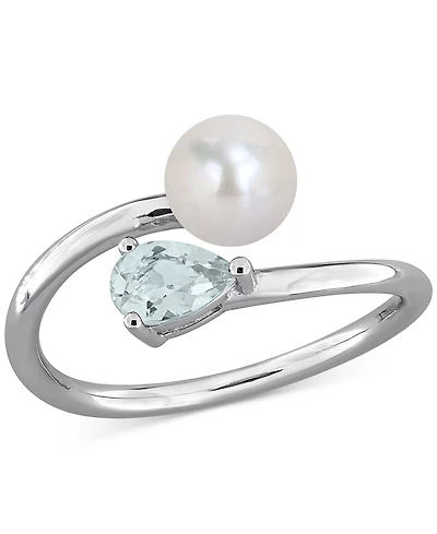 Cultured Freshwater Pearl (6mm) & Aquamarine (3/8 ct. t.w.) Bypass Ring Sterling Silver