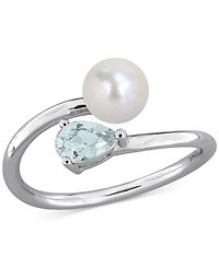 Cultured Freshwater Pearl (6mm) & Aquamarine (3/8 ct. t.w.) Bypass Ring Sterling Silver