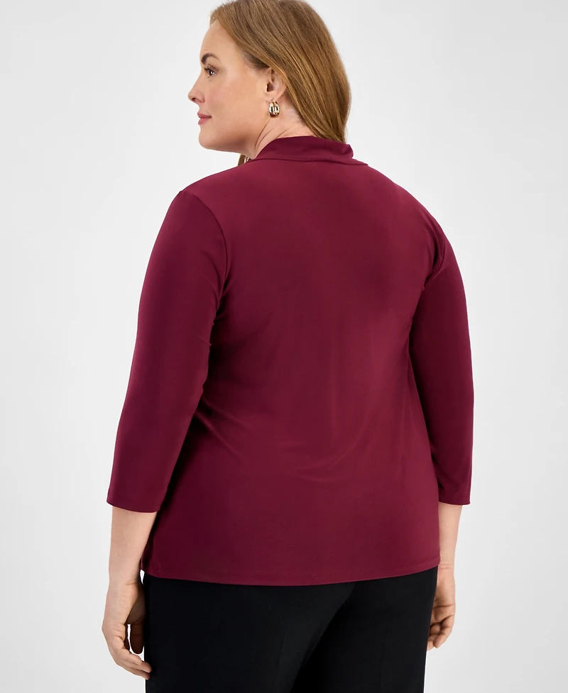 Kasper Plus Twist-Neck 3/4-Sleeve Top