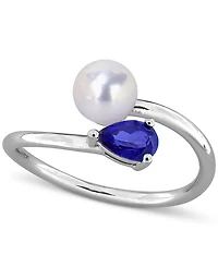 Cultured Freshwater Pearl (6mm) & Lab Grown Sapphire (5/8 ct. t.w.) Bypass Ring Sterling Silver