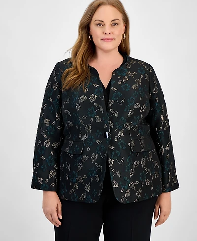 Kasper Plus Metallic Jacquard Collarless One-Button Blazer