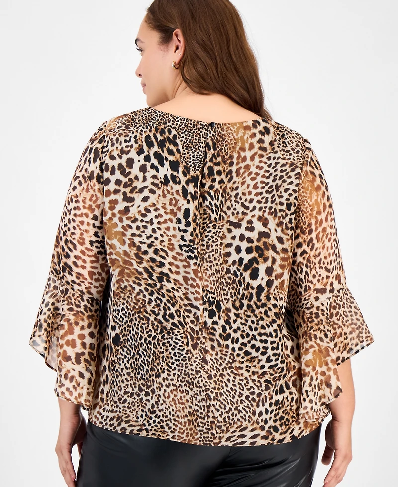 Kasper Plus Animal Print Ruffle-Sleeve Blouse