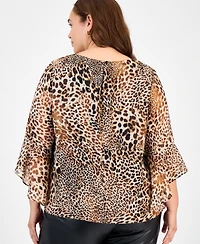 Kasper Plus Animal Print Ruffle-Sleeve Blouse