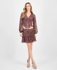 Guess Womens Seiah Embroidered Blouson Sleeve Blouse Seiah Mini Skirt