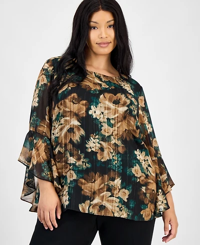 Kasper Plus Size Printed Ruffle-Sleeve Blouse