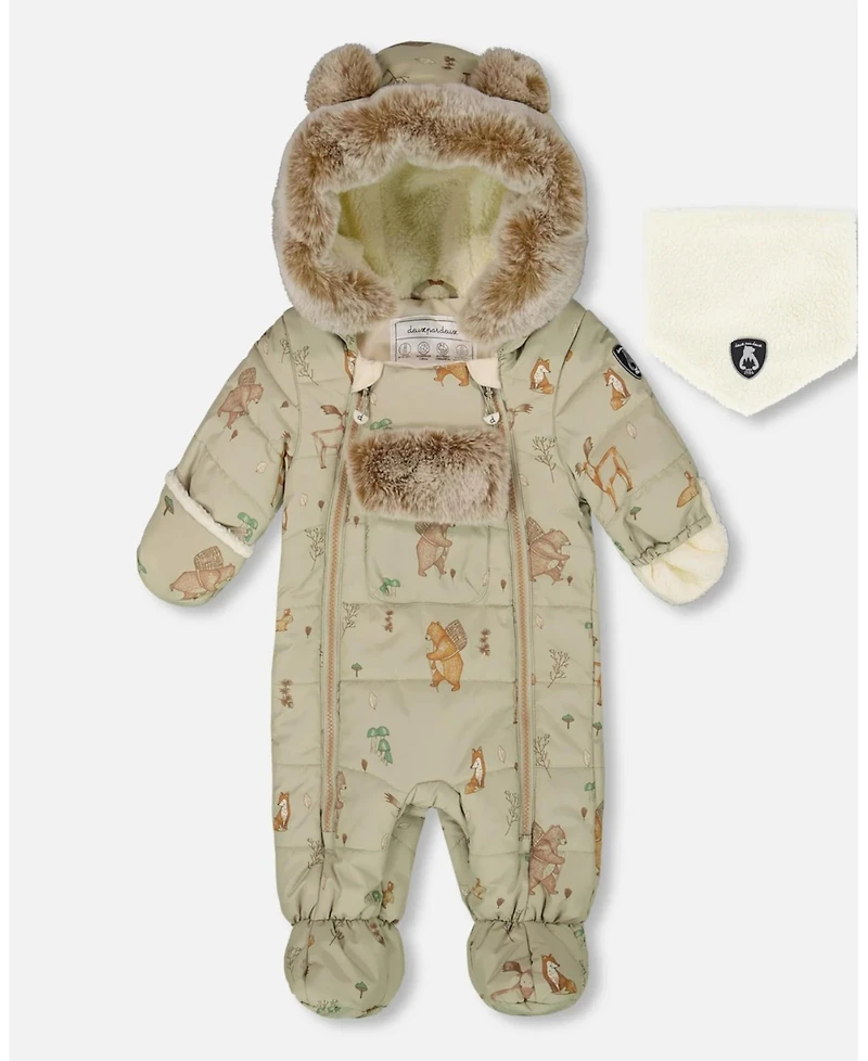 Deux par Baby Boy One-Piece Layette Snowsuit Designed for Car Seat Green Animal Print