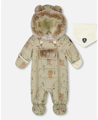 Deux par Baby Boy One-Piece Layette Snowsuit Designed for Car Seat Green Animal Print