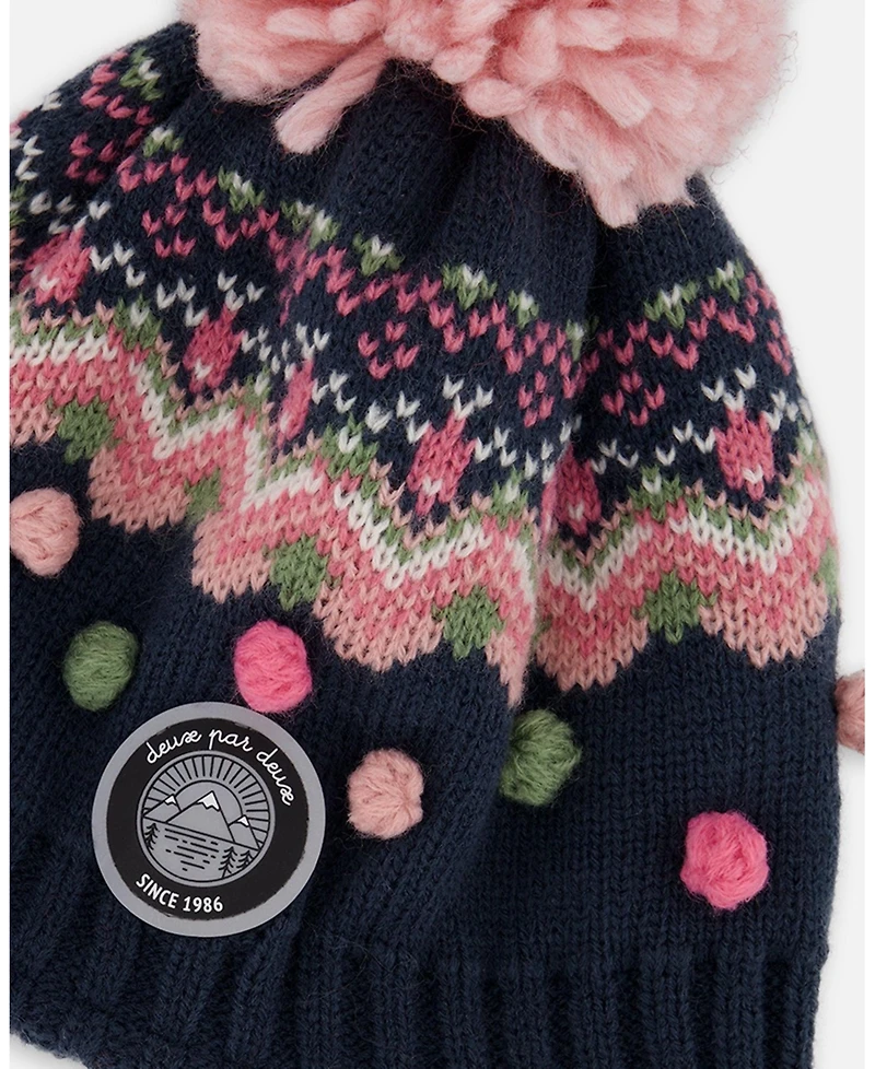 Deux par Girl Lined Peruvian Knit Pompom Hat Navy Blue and Pink - Toddler|Child