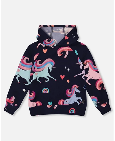 Deux par Girl Pullover Fleece Hoodie Navy Unicorn Print