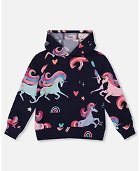 Deux par Girl Pullover Fleece Hoodie Navy Unicorn Print