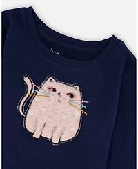 Deux par Girl Cotton T-Shirt Dark Blue with Cat