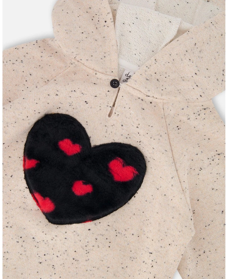 Deux par Girl Glittering Beige French Terry Hoodie with Heart Applique - Toddler|Child