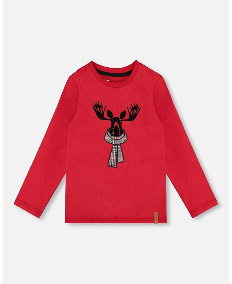 Deux par Baby Boys Jersey T-Shirt Cherry Red with Moose