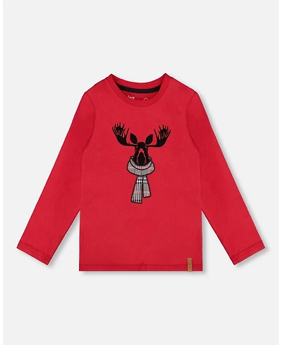 Deux par Baby Boys Jersey T-Shirt Cherry Red with Moose