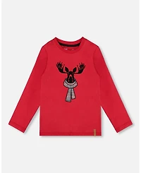 Deux par Baby Boys Jersey T-Shirt Cherry Red with Moose