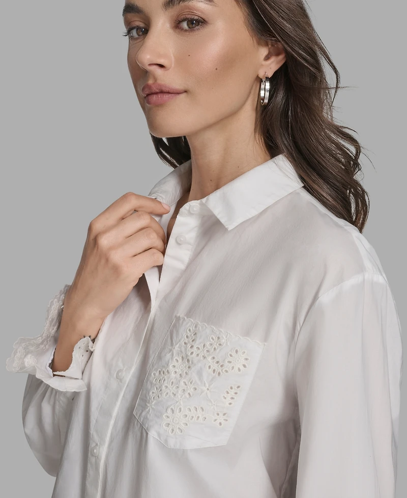 Bcbg Women's Long Sleeve Button-Up Embroidered Top