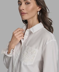 Bcbg Women's Long Sleeve Button-Up Embroidered Top