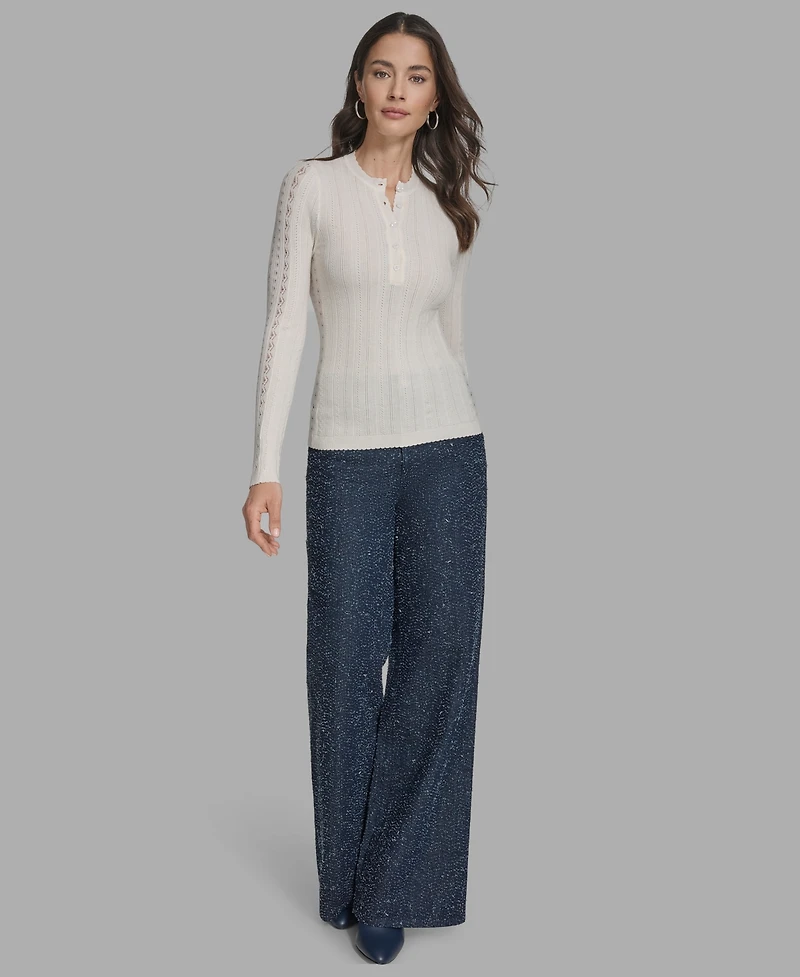 Bcbg Women's Long Sleeve Mix-Stitch Henley Neck Sweater