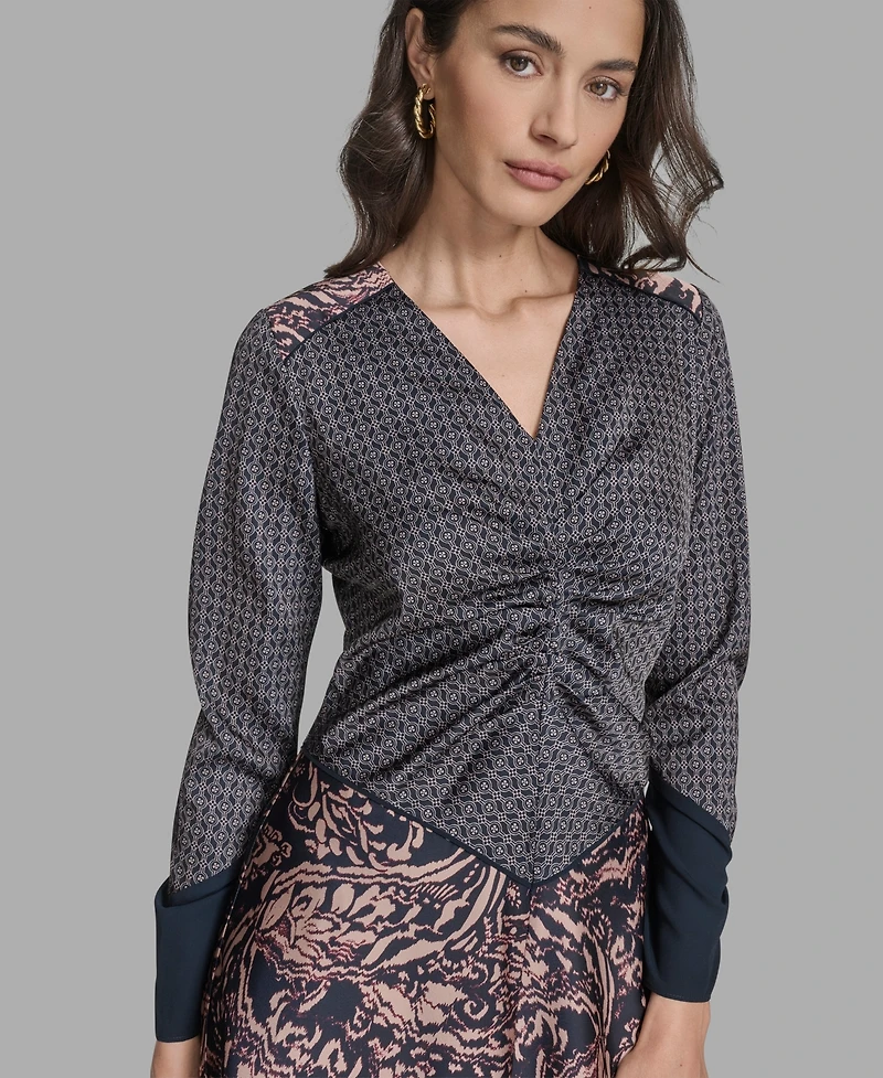 Bcbg Women's Long Sleeve Mix-Print V-Neck Dress