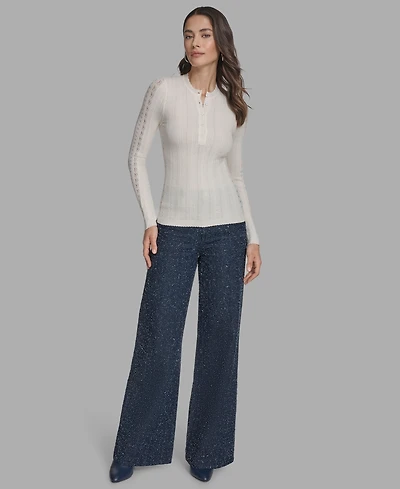 Bcbg Women's Long Sleeve Mix-Stitch Henley Neck Sweater