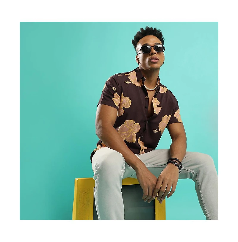 Campus Sutra Men's Brown Hibiscus Print Shirt