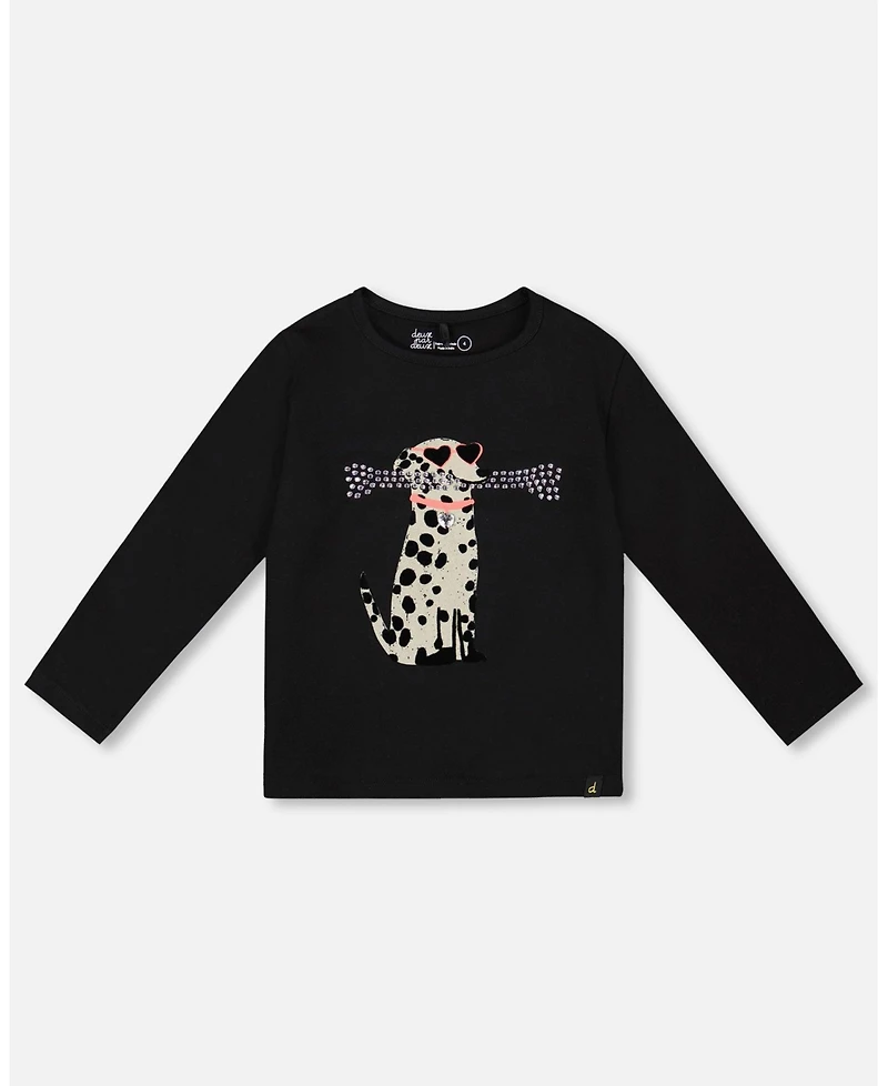 Deux par Girl Cotton T-Shirt Black with Dalmatian