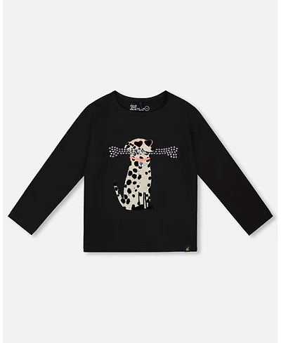 Deux par Girl Cotton T-Shirt Black with Dalmatian