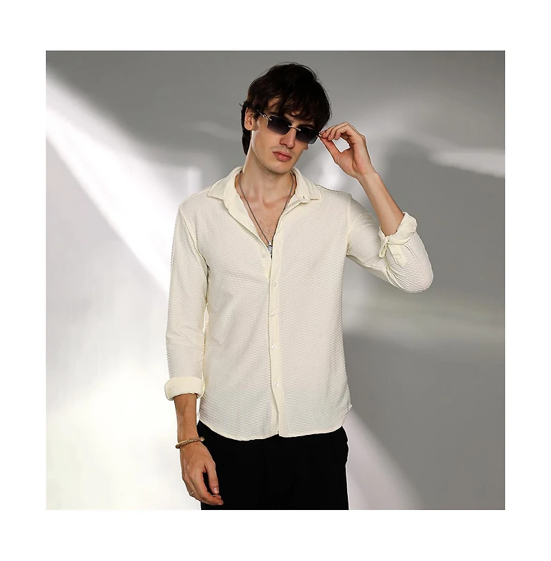 Campus Sutra Men's Pale Yellow Hive-Textured Shirt