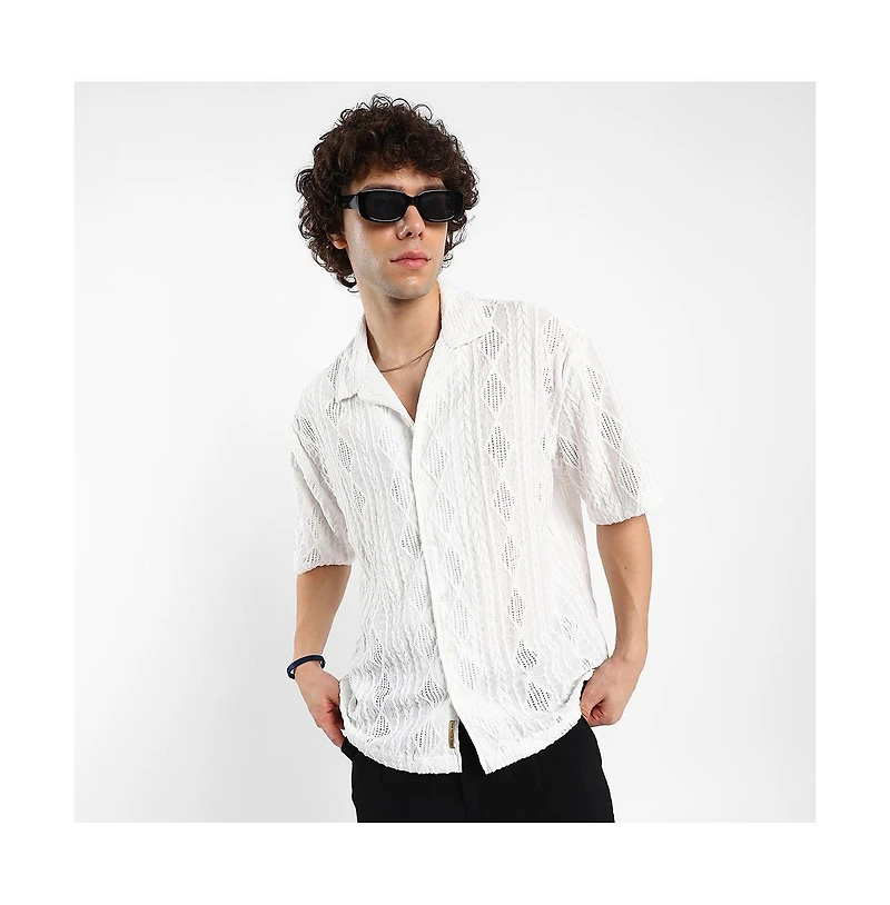 Men's Daisy White Argyle-Textured Oversized Shirt