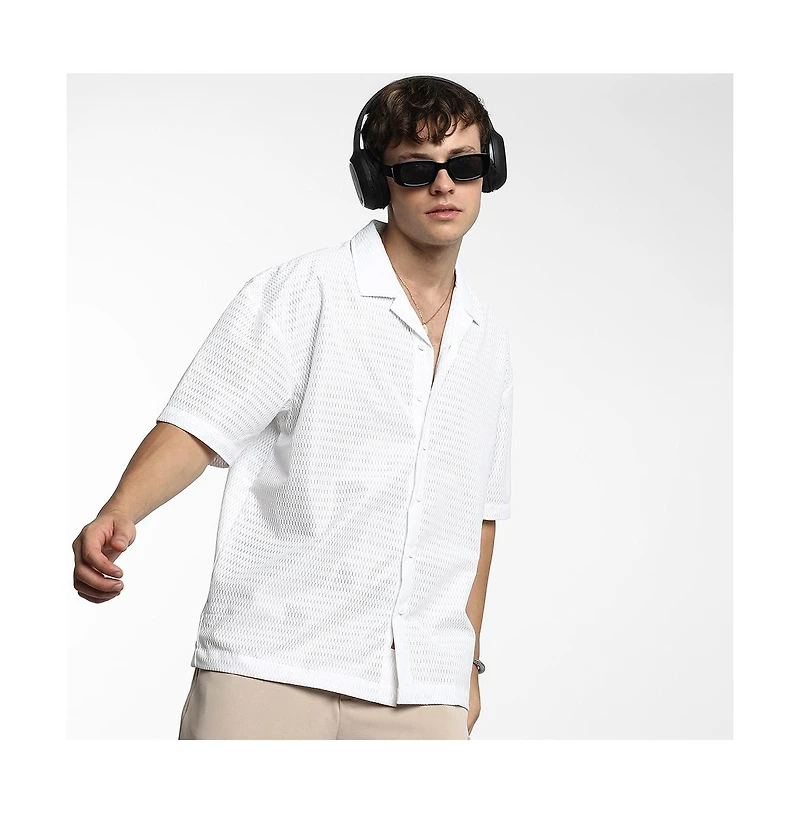 Campus Sutra Men's Chalk White Oversized Honeycomb Shirt