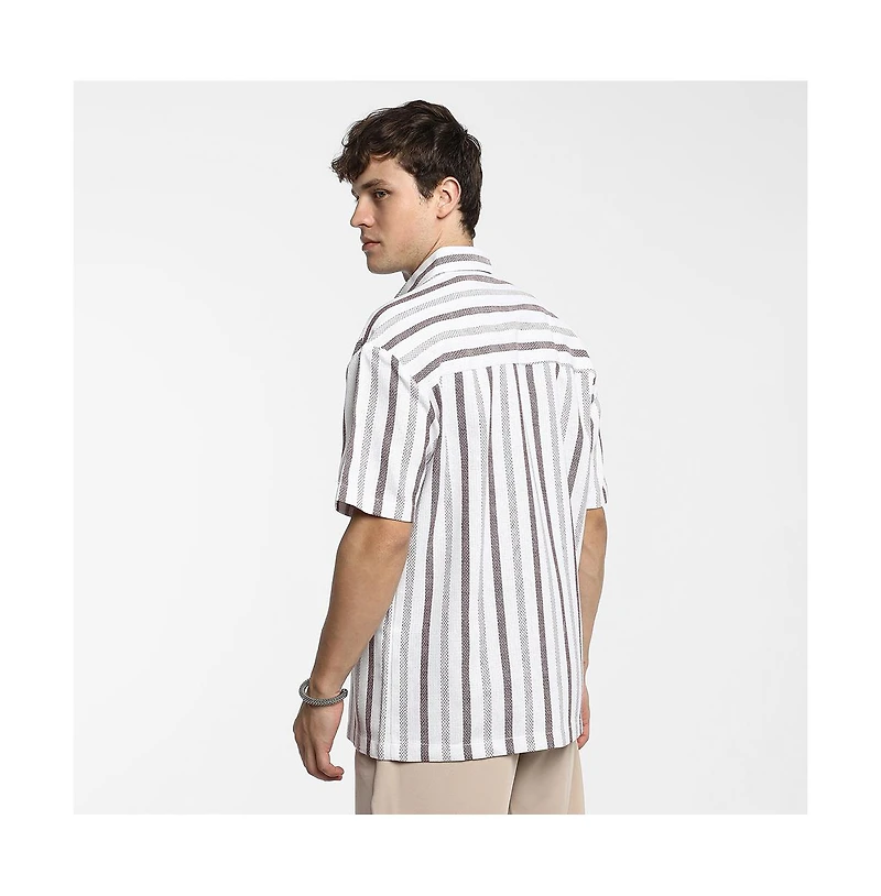 Campus Sutra Men's Ivory White & Burgundy Red Pencil-Striped Shirt