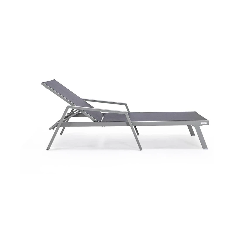 LeisureMod Marlin Patio Chaise Lounge Chair With Armrests in Grey Aluminum Frame