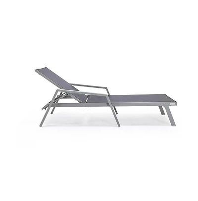 LeisureMod Marlin Patio Chaise Lounge Chair With Armrests in Grey Aluminum Frame