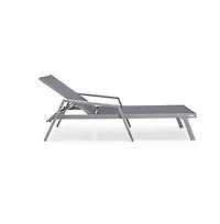 LeisureMod Marlin Patio Chaise Lounge Chair With Armrests in Grey Aluminum Frame