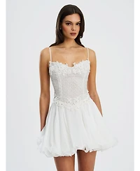 Miss Circle Women Fabiola Lace Trim Silver Net Top Mini Flare Chiffon Dress