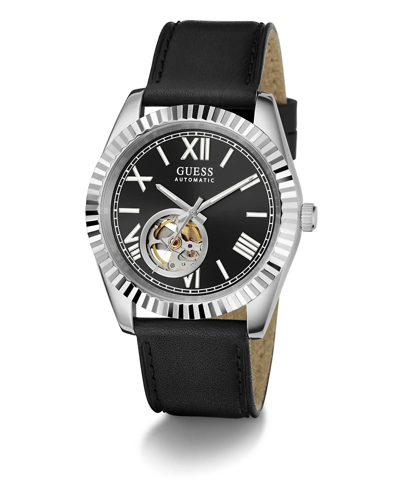 Guess Men's Black Silver Tone Automatic Watch, 42mm