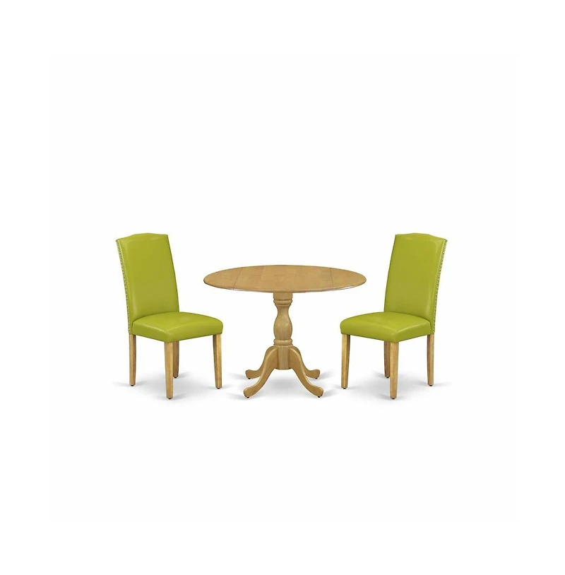 East West Furniture 3 Piece Kitchen Table Set - Oak Breakfast Table and 2 Autumn Green Pu Leather Chairs for Dining Room with High Back - Oak Finish