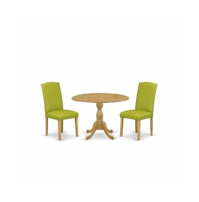 East West Furniture 3 Piece Kitchen Table Set - Oak Breakfast Table and 2 Autumn Green Pu Leather Chairs for Dining Room with High Back - Oak Finish