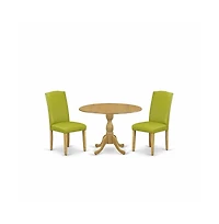 East West Furniture 3 Piece Kitchen Table Set - Oak Breakfast Table and 2 Autumn Green Pu Leather Chairs for Dining Room with High Back - Oak Finish