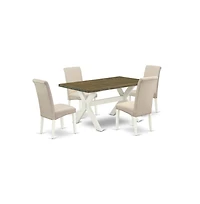 East West Furniture 5-Piece Fashionable a Good Distressed Jacobean Modern Dining Table Top and 4 Wonderful Linen Fabric Solid Wood Leg Chairs with Hig