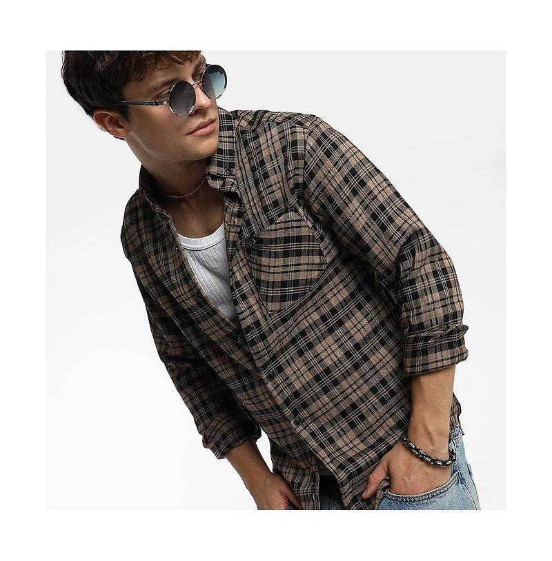 Campus Sutra Men's Tan Brown & Charcoal Black Tartan Plaid Shirt