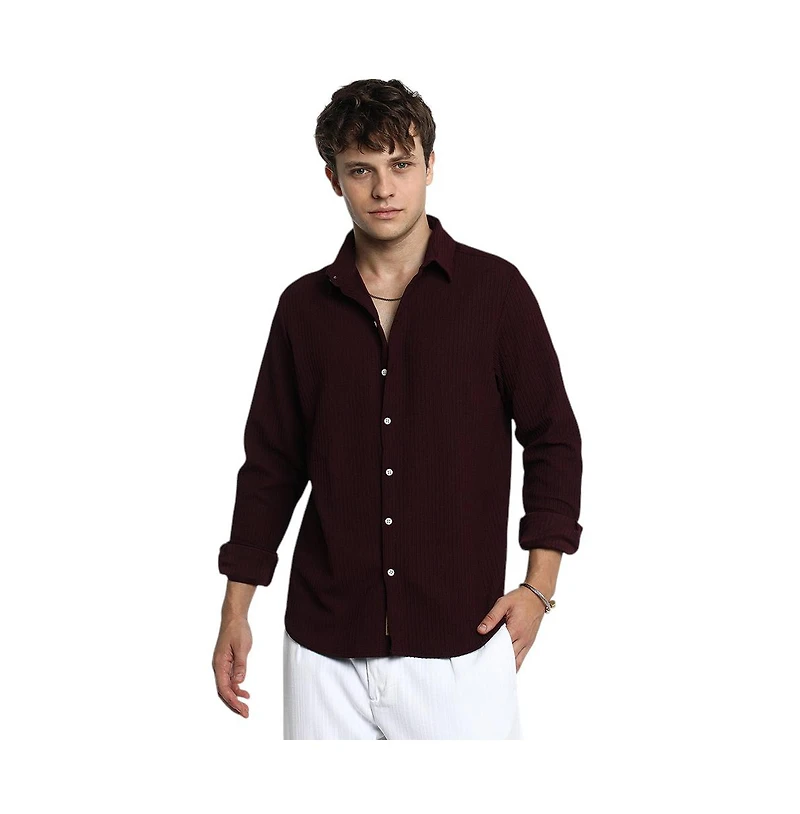 Campus Sutra Men's Maroon Red Stripe-Creased Shirt