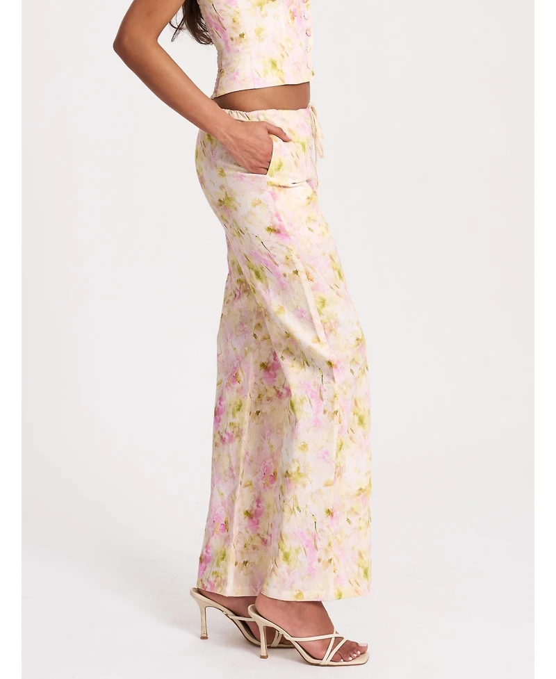 Miss Circle Women's Laureen Pink Floral Print Linen Straight Pants