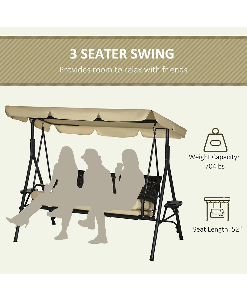 Outsunny 3-Seat Porch Swing with Canopy Outdoor Swing with Cushion, Pillows