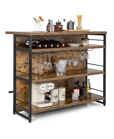 Gymax Industrial Kitchen Island Bar Table 4-Tier Storage Shelf Wine Rack Glass Holders