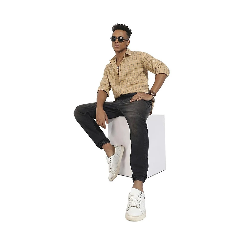 Campus Sutra Men's Beige Contrast Tartan Plaid Shirt