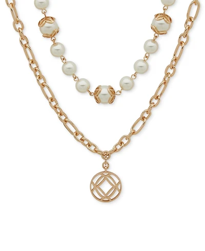 Anne Klein Gold-Tone Imitation Pearl Disc Pendant Necklace, 16" + 3" extender