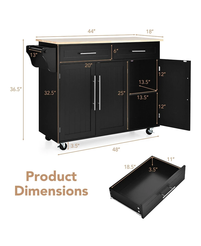 Gymax Kitchen Island Trolley Cart Wood Top Rolling Storage Cabinet w/Knife Block